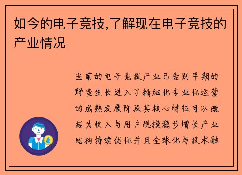 如今的电子竞技,了解现在电子竞技的产业情况